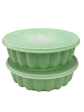 1970’s Mint Green Tupperware Fluted Jel-Ring Jello Molds x 2 With Lids